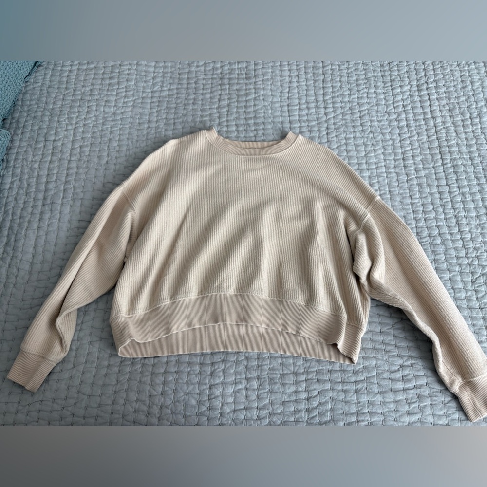 Aerie Cream Ribbed Cropped Oversized Crewneck